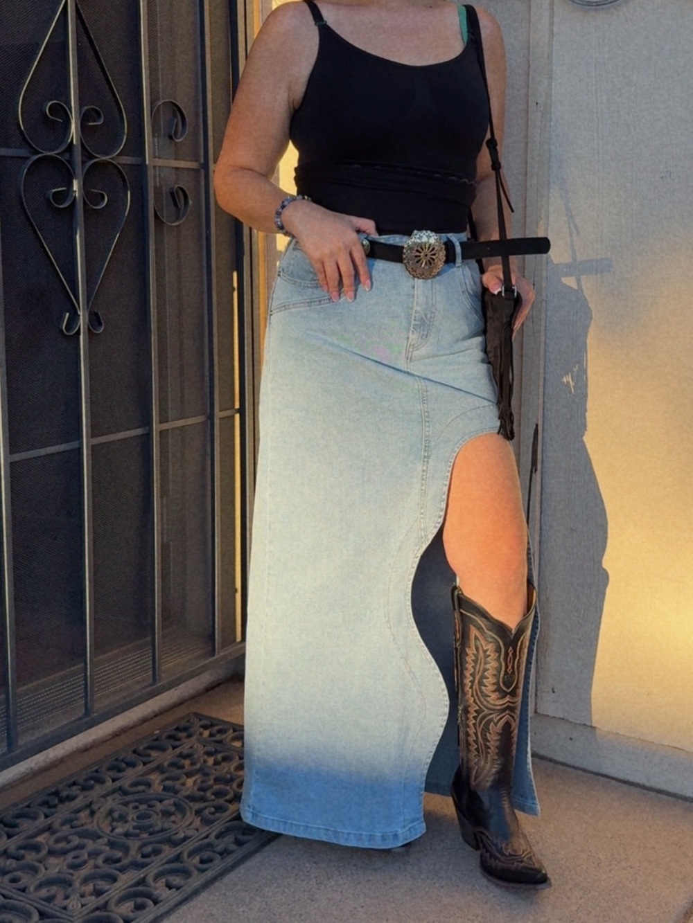 Rodeo Light Blue High-Slit Denim Maxi Skirt - Picture 2 of 11